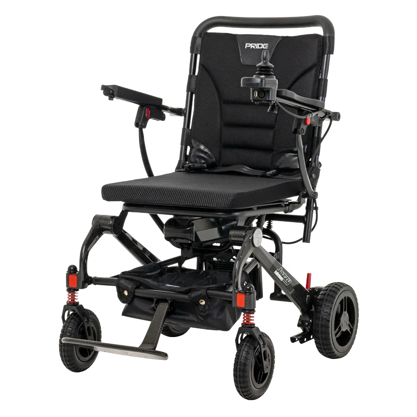 angle view of a jazzy carbon wheelchair