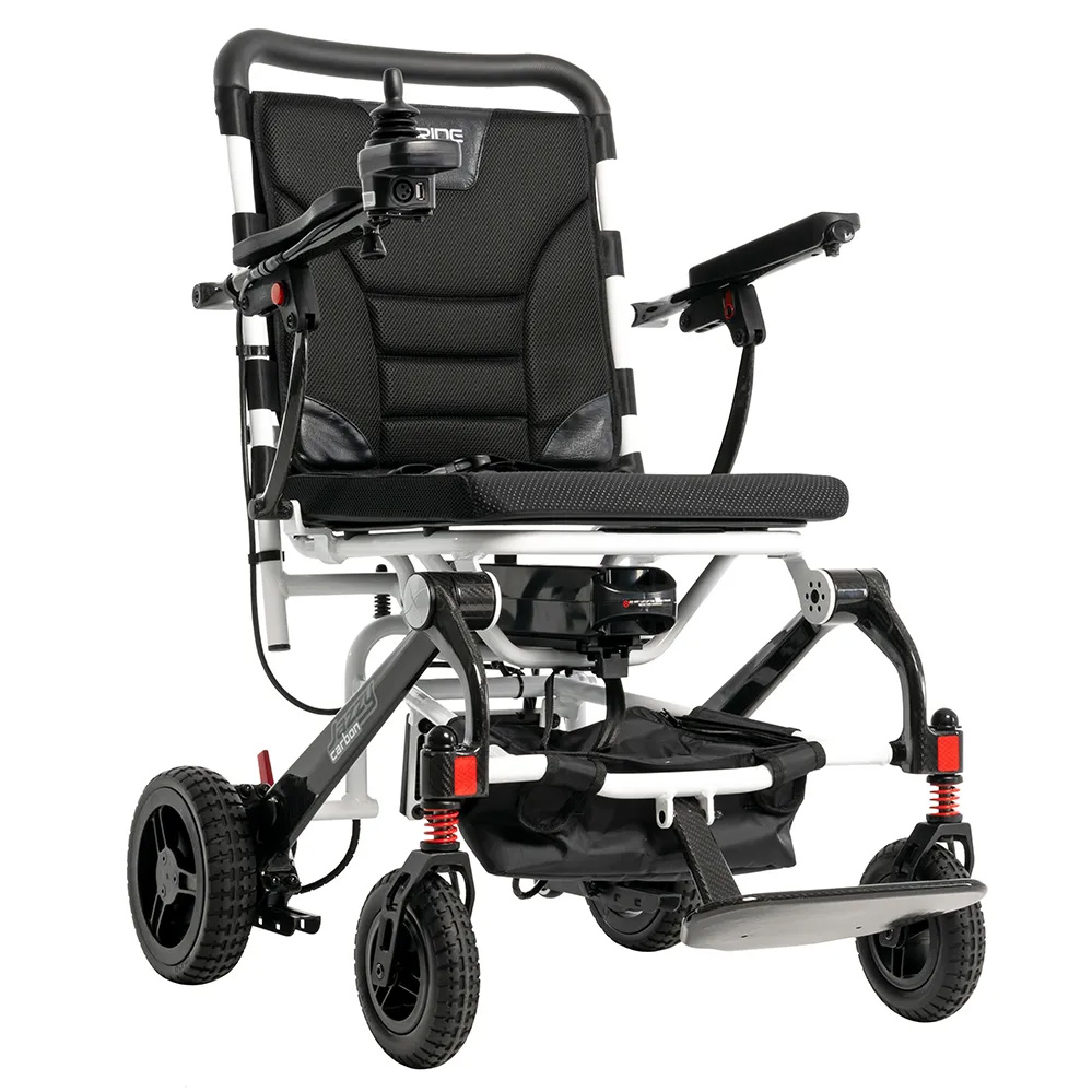angle view of white color option jazzy carbon wheelchair