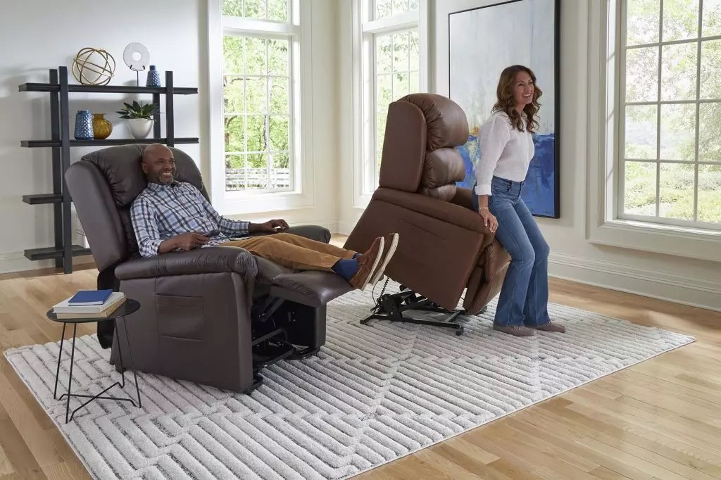 relmed lifestyle tv Relaxer Medium lift chair lifestyle image of standing and relaxing