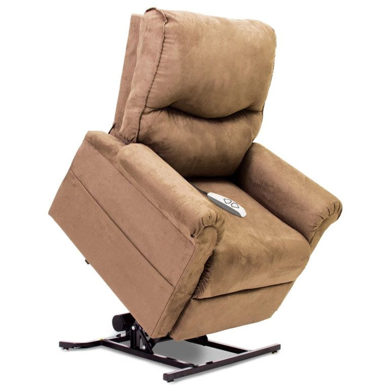 essential lc105 lift recliner in sandal fabric shown in lifted position